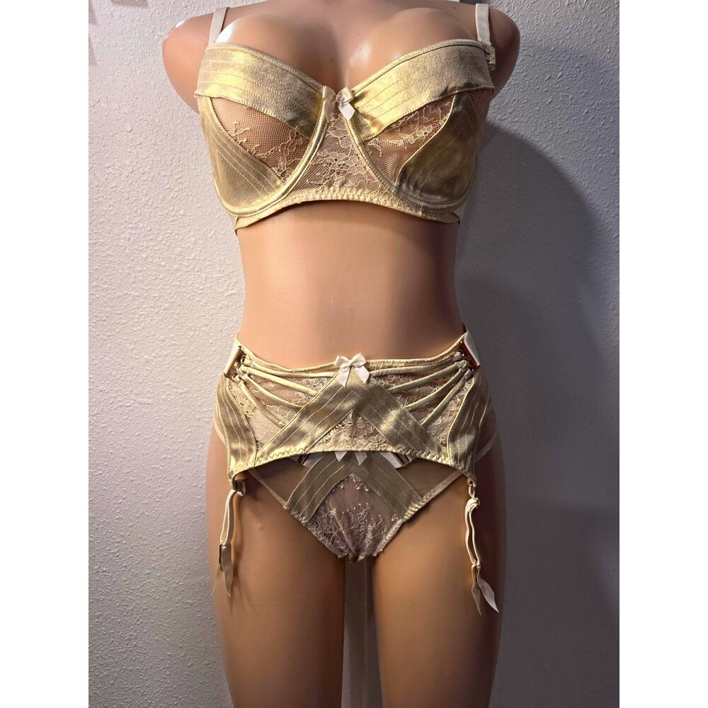 Honey Birdette Gold/Ivory Floral Lace Mesh Underwired Balconette Set 34DD